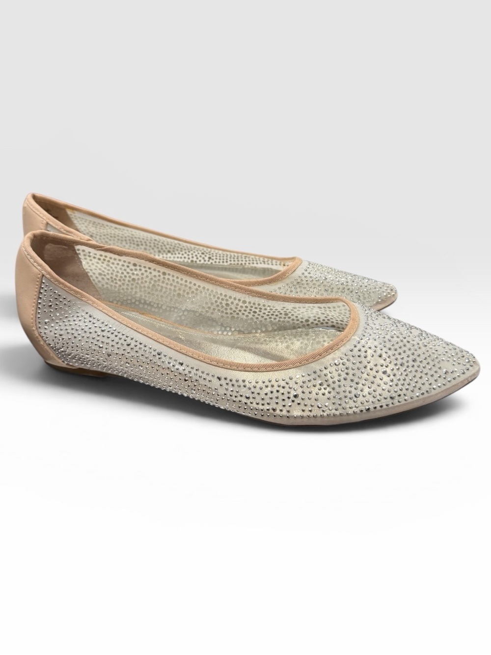 Jennifer Lopez Silver Rhinestone Pointed Toe Ballet Flats with Tan Trim